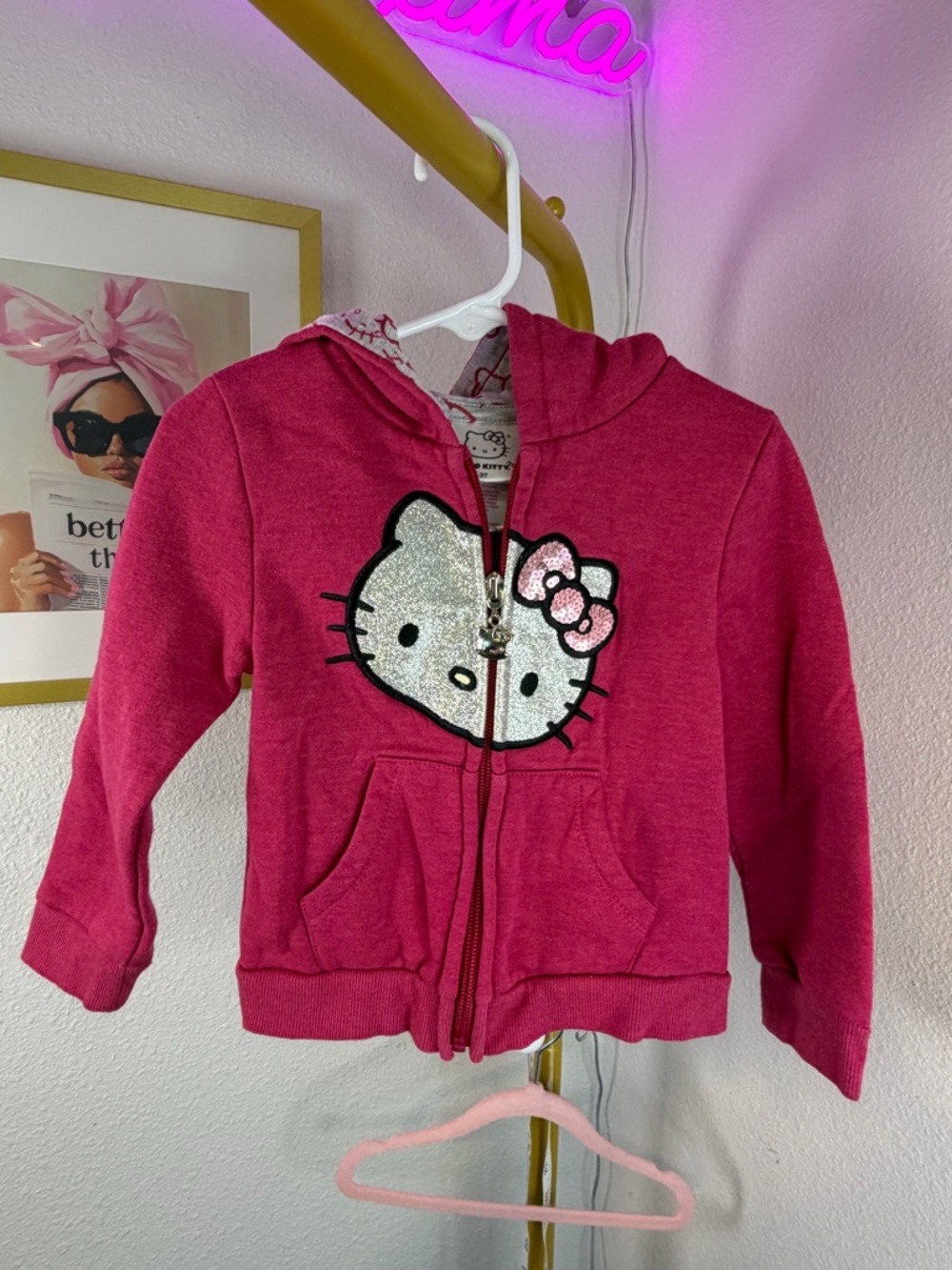 Girls Hello Kitty Hot Pink Glitter Face Full Zip Hoodie 3T
